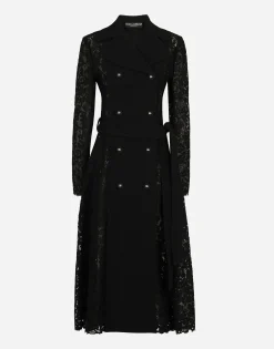 Cordonetto lace and crepe coat with belt