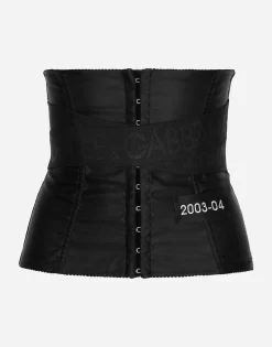 Corset-style belt with branded stretch crossover bands