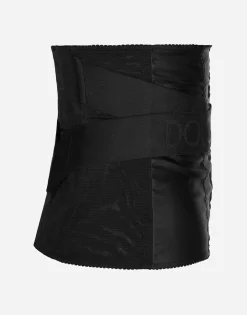 Corset-style belt with branded stretch crossover bands