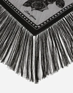 Cotton and tulle shawl with fringe 140 x 140