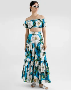 Cotton Bardot-neck top with gardenia print