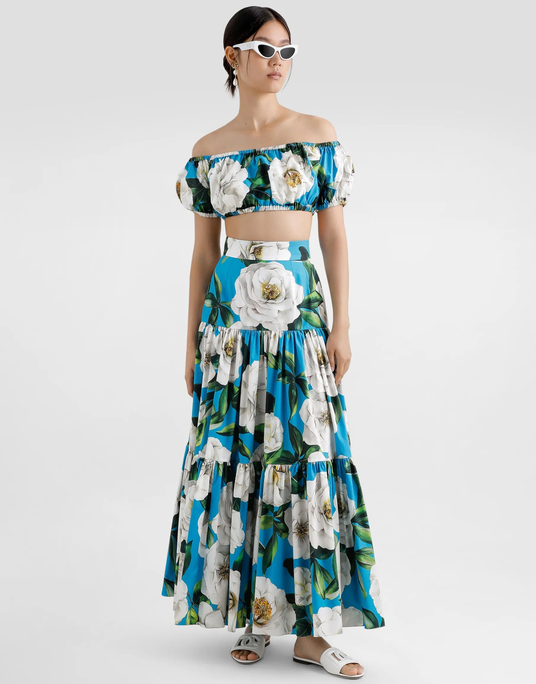 Cotton Bardot-neck top with gardenia print
