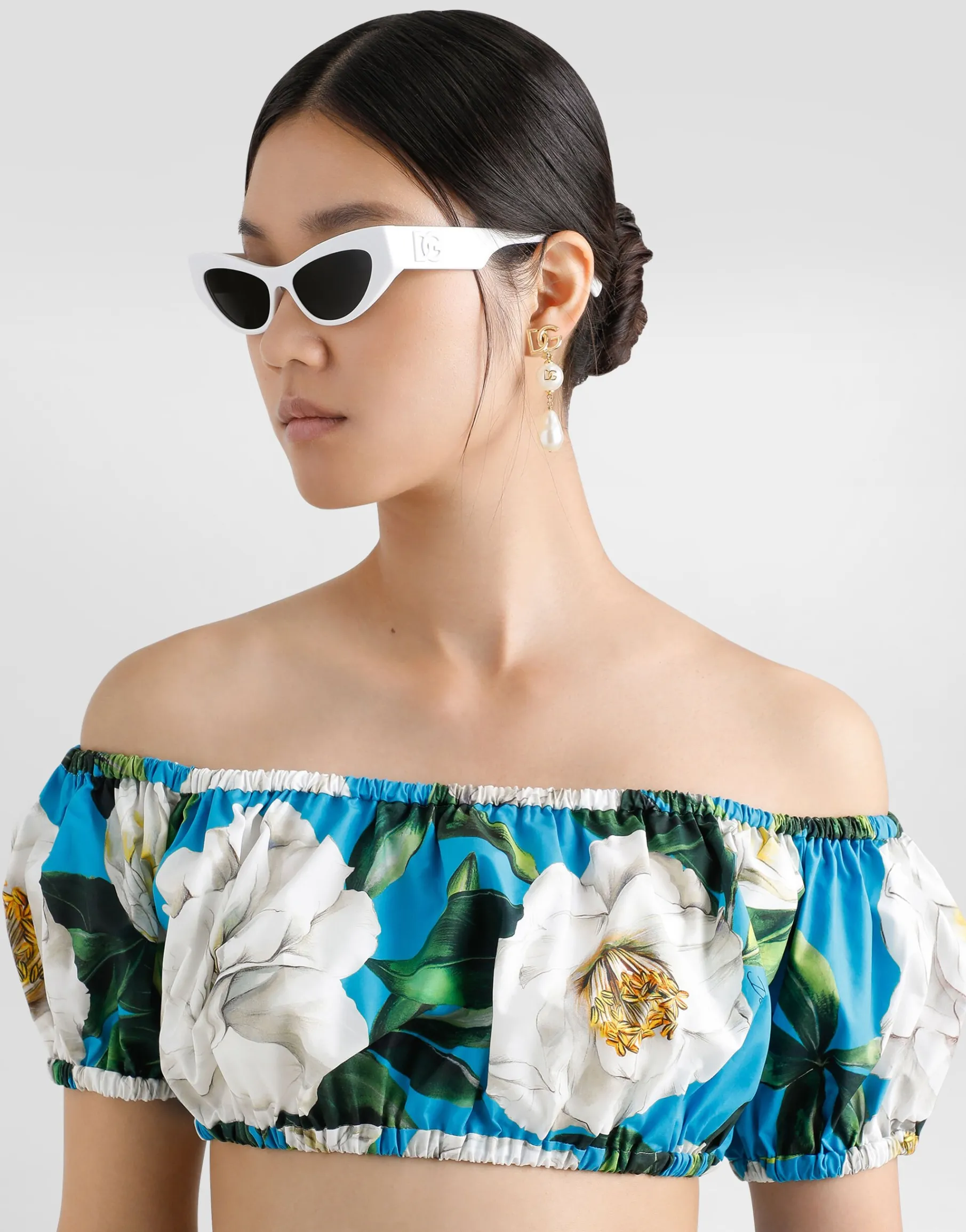 Cotton Bardot-neck top with gardenia print