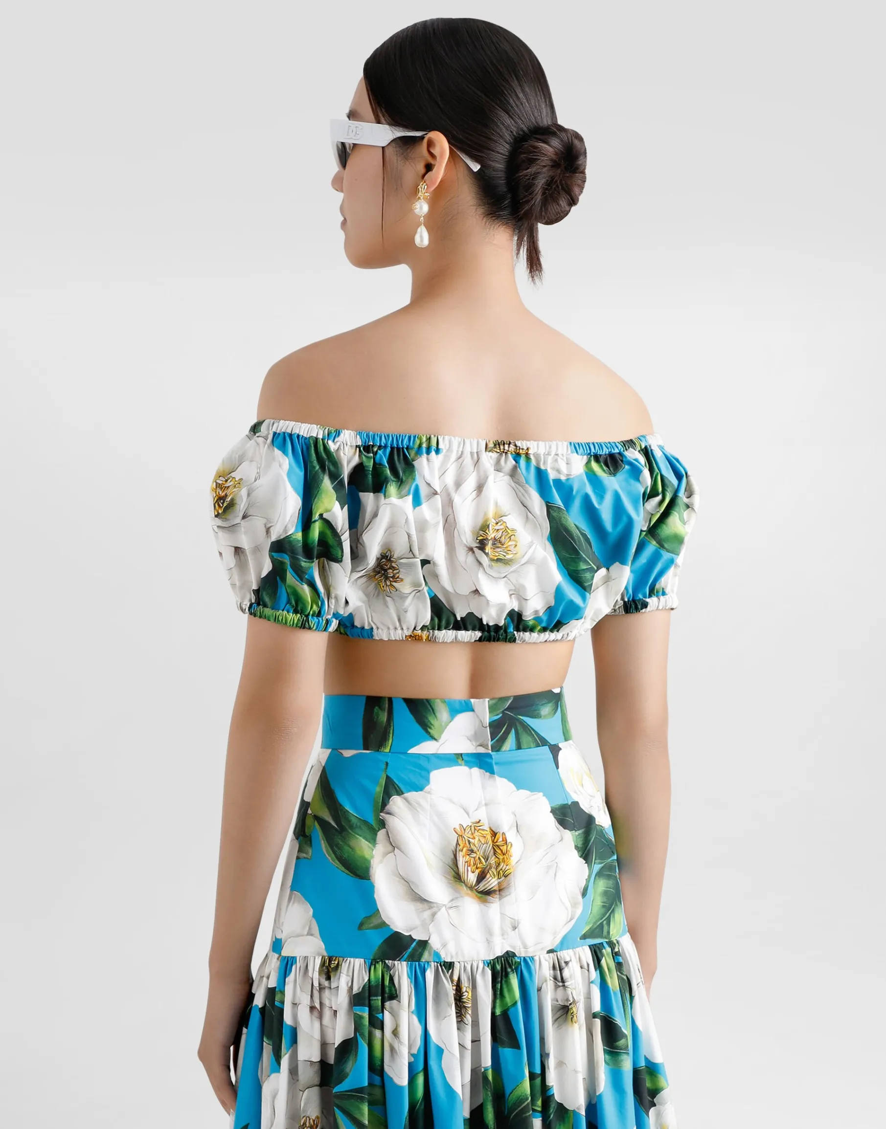 Cotton Bardot-neck top with gardenia print