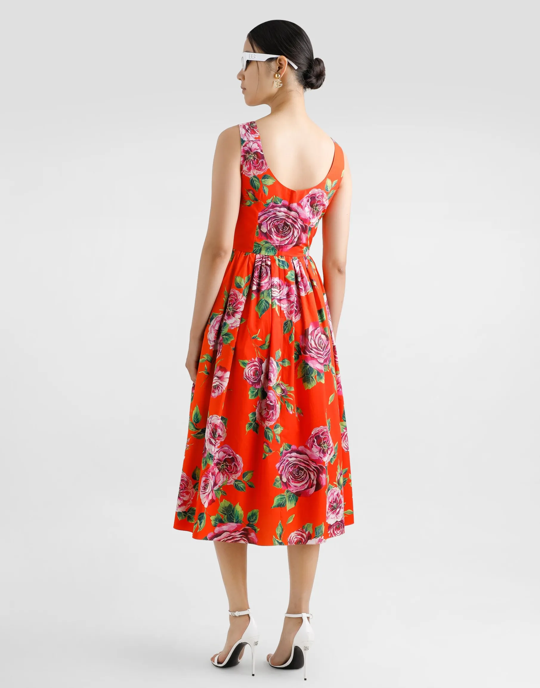 Cotton calf-length babydoll dress with rose print