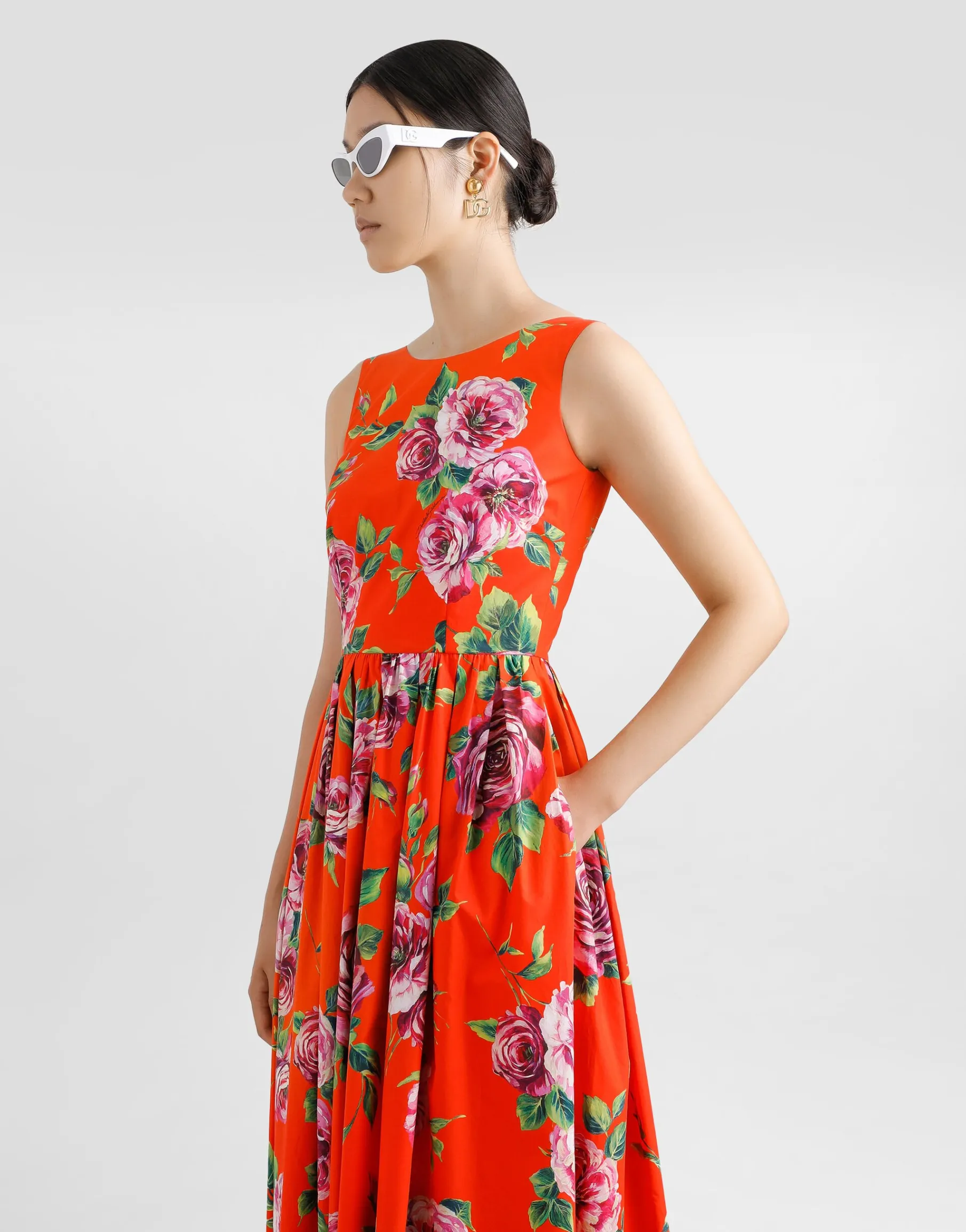 Cotton calf-length babydoll dress with rose print