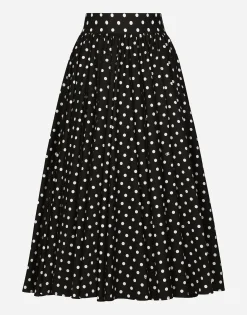 Cotton calf-length circle skirt with polka-dot print
