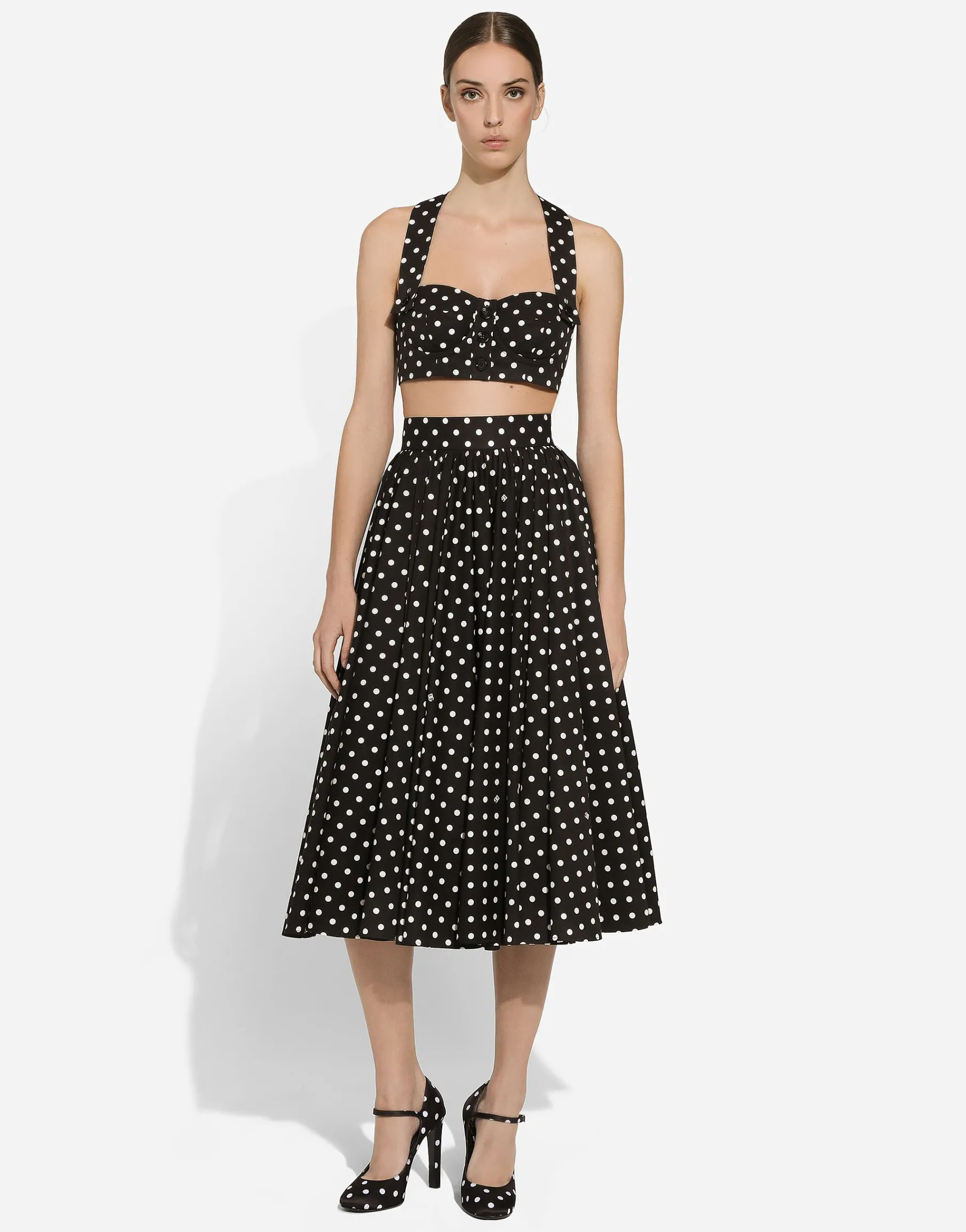 Cotton calf-length circle skirt with polka-dot print