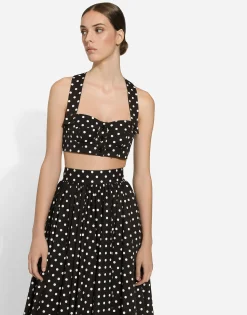 Cotton calf-length circle skirt with polka-dot print