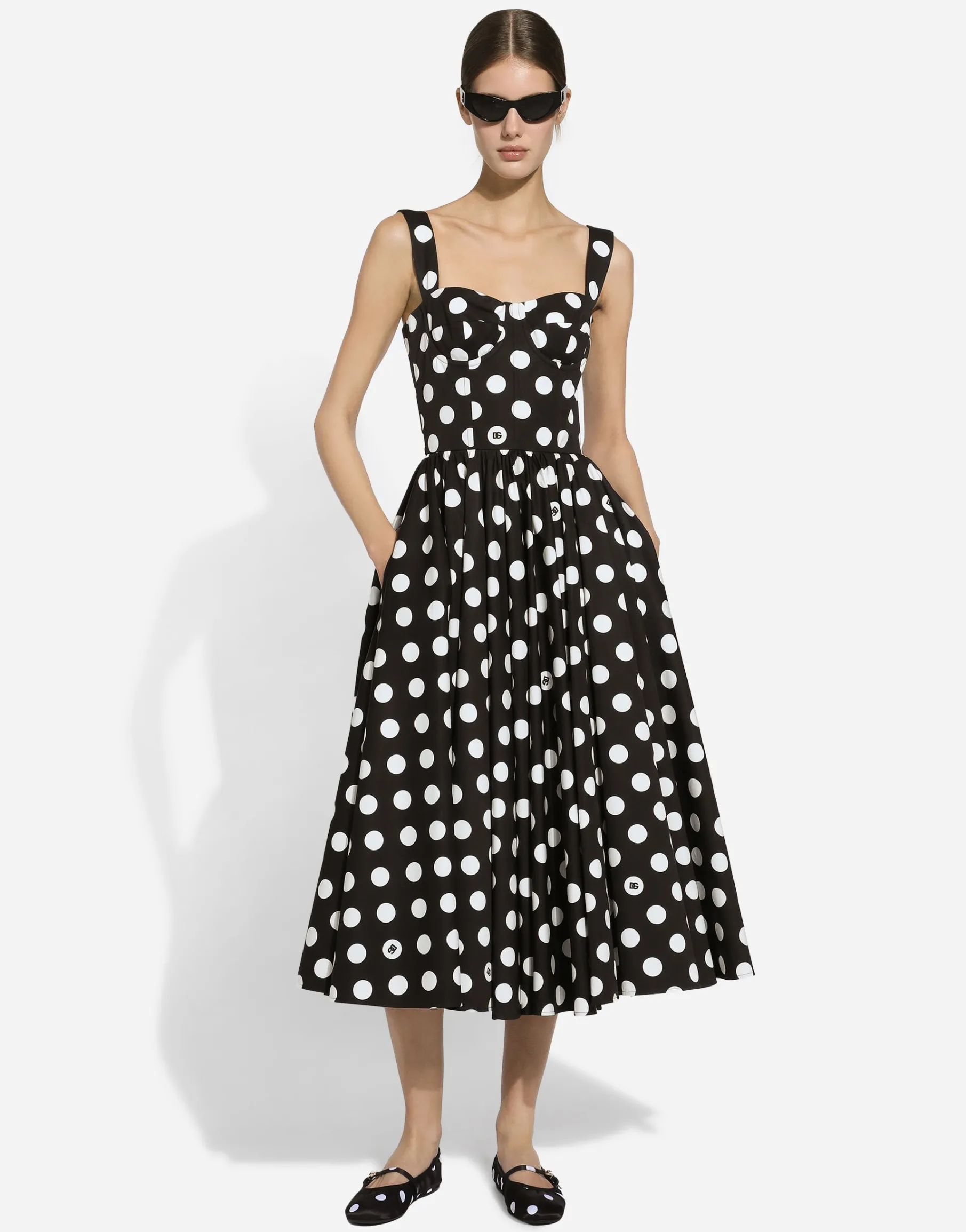 Cotton calf-length corset dress with polka-dot print