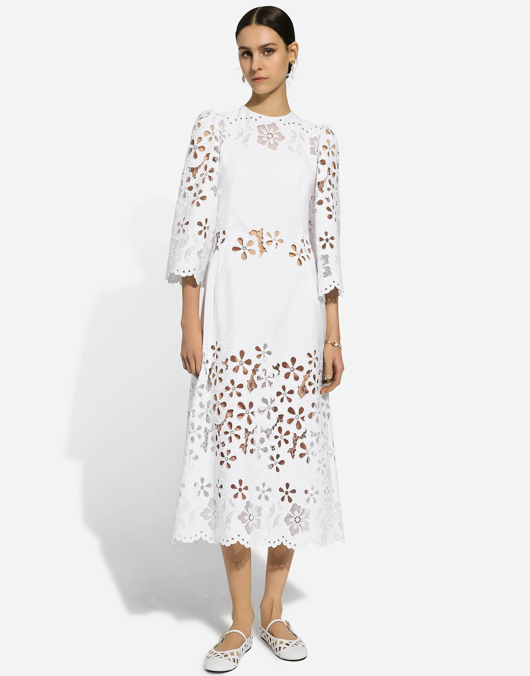 Cotton calf-length dress with cut-out detailing