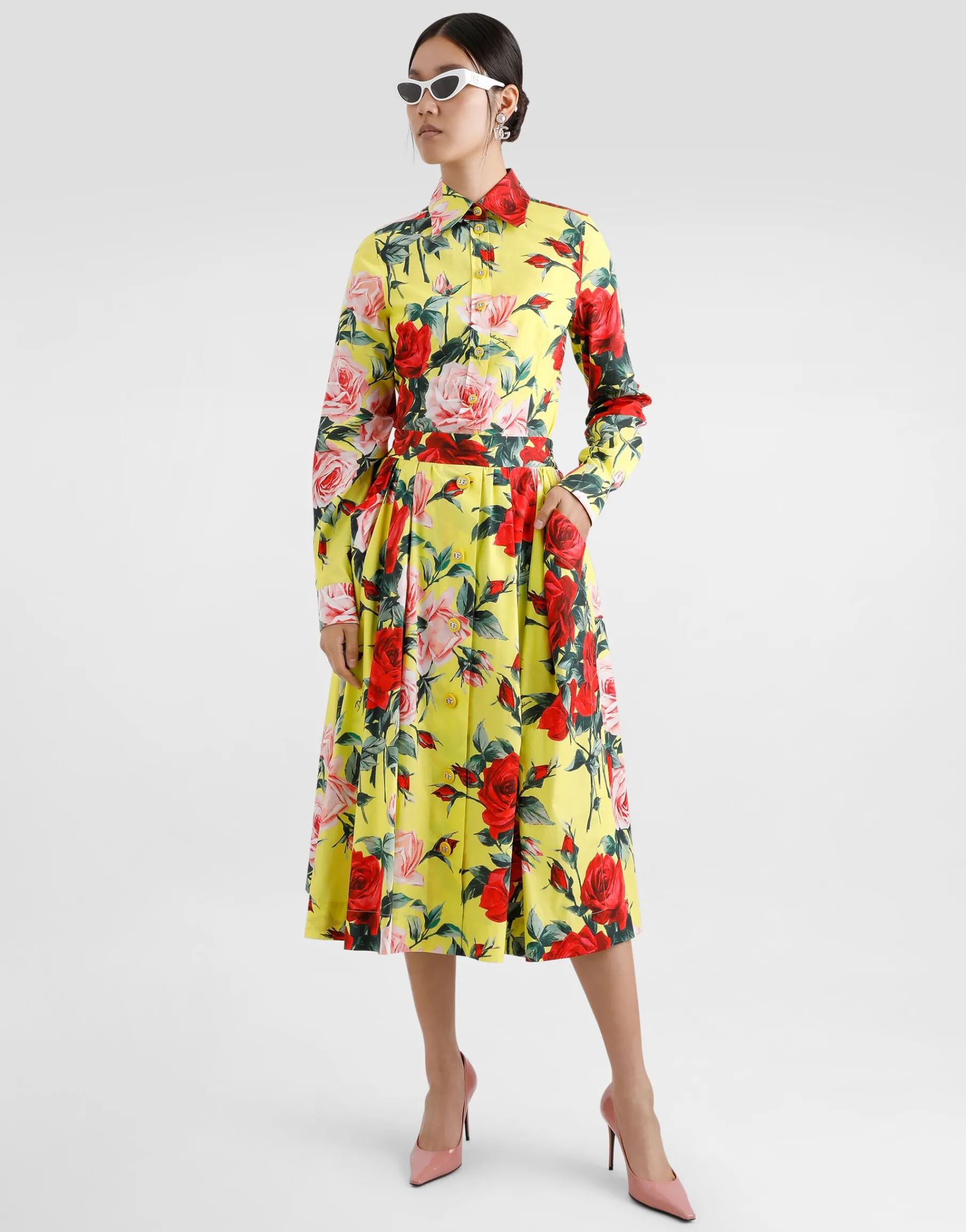Cotton calf-length skirt with bouquet print