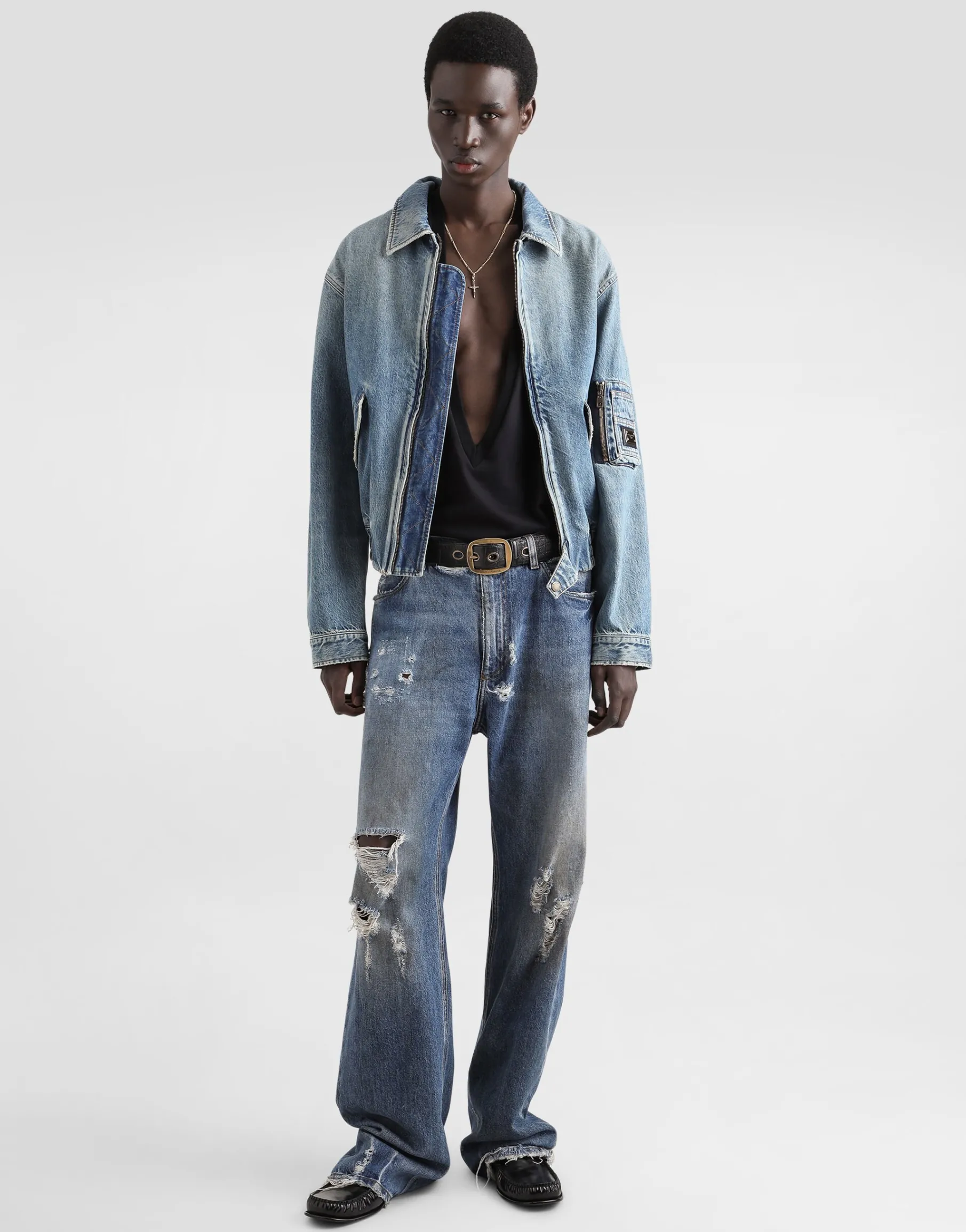 Cotton denim bomber jacket with tag