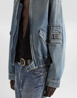 Cotton denim bomber jacket with tag