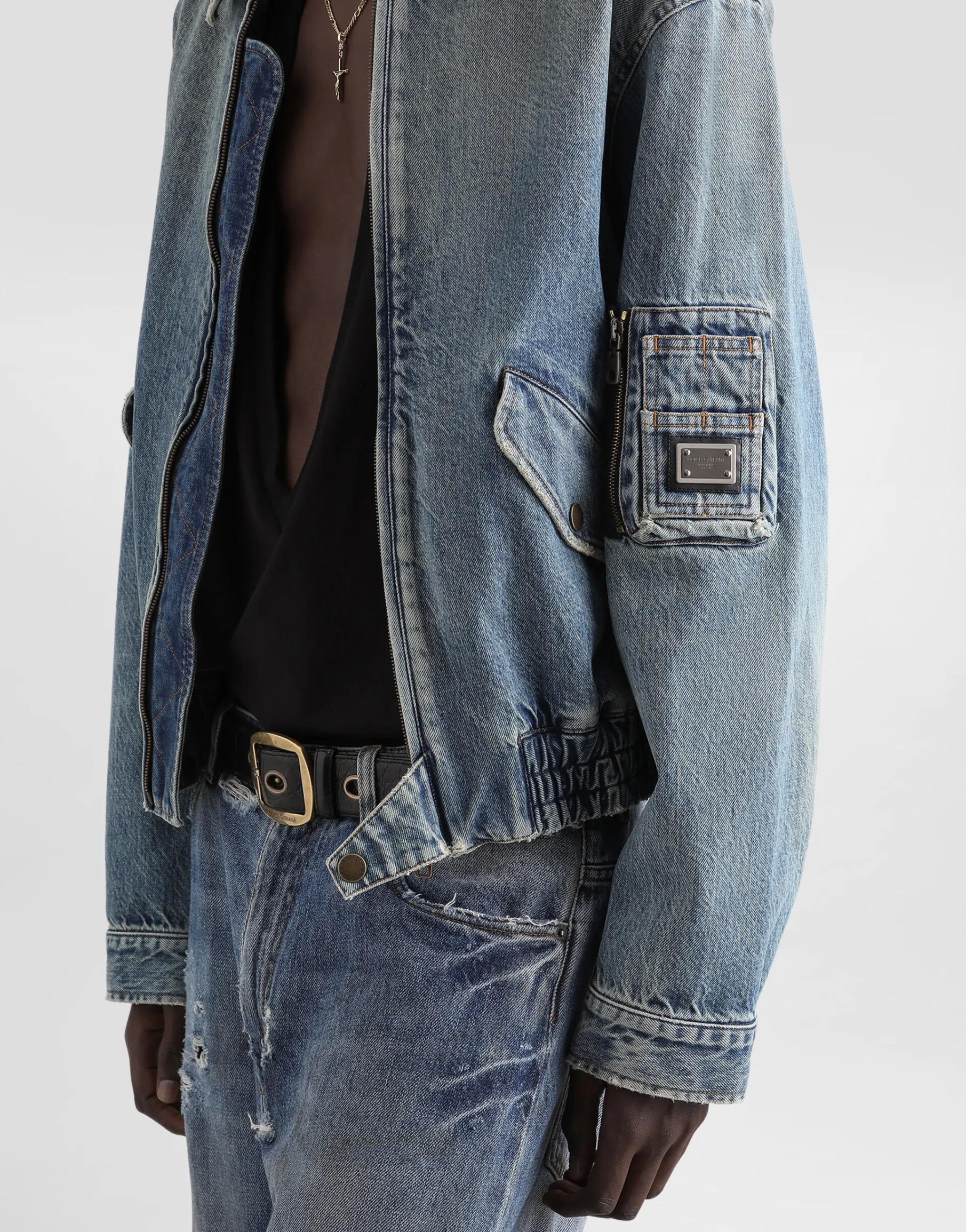 Cotton denim bomber jacket with tag