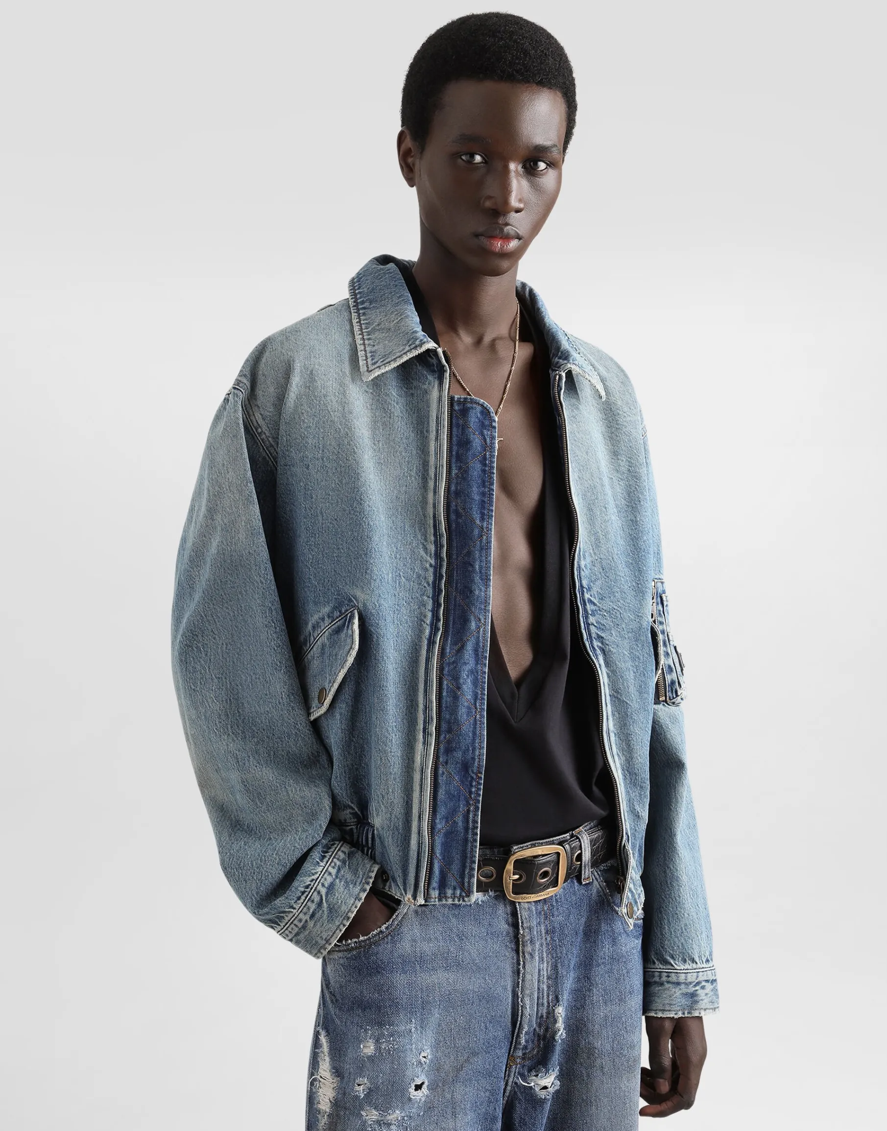 Cotton denim bomber jacket with tag