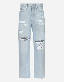 Cotton denim boyfriend jeans with rips
