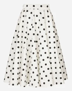Cotton drill calf-length circle skirt with polka-dot print