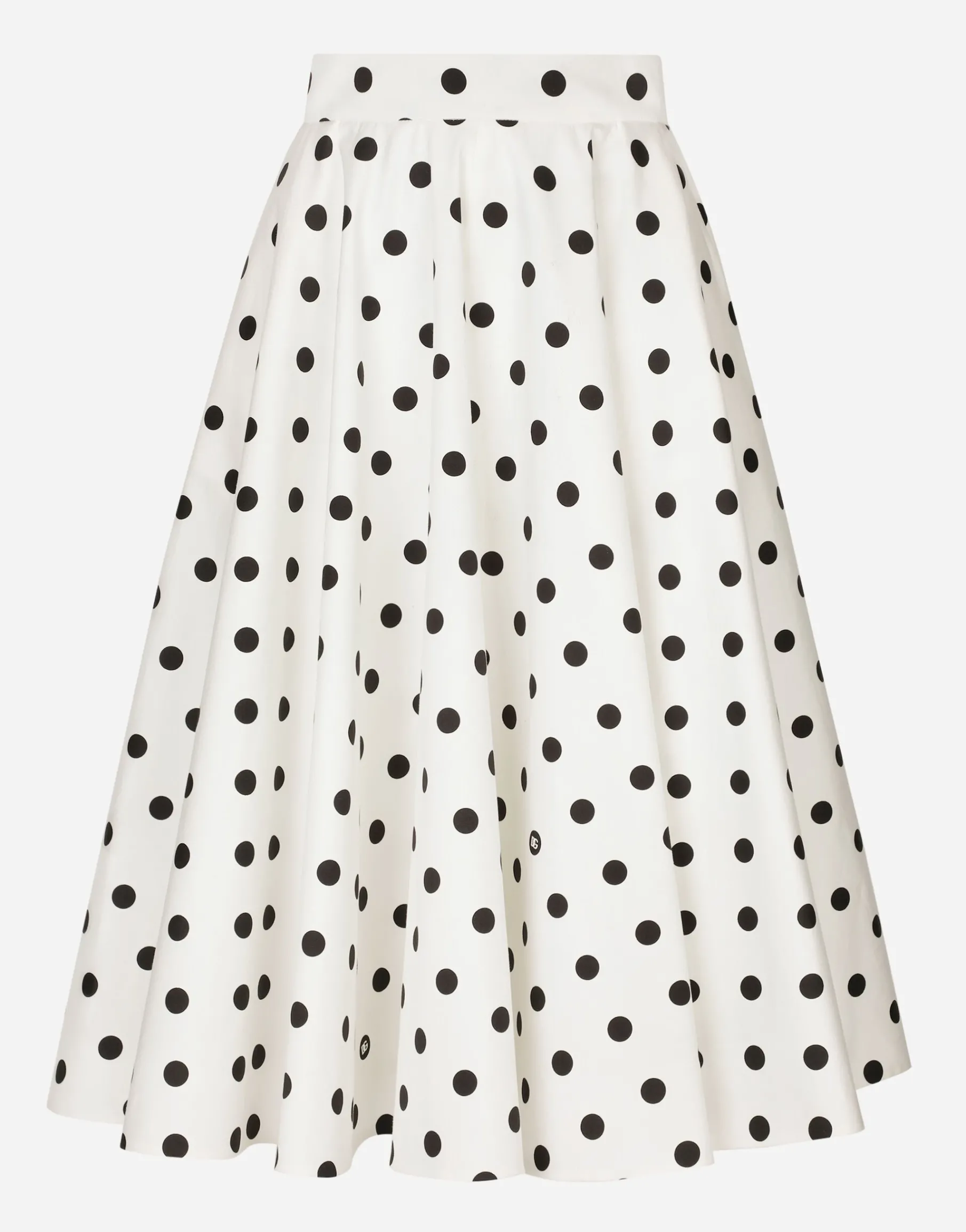 Cotton drill calf-length circle skirt with polka-dot print