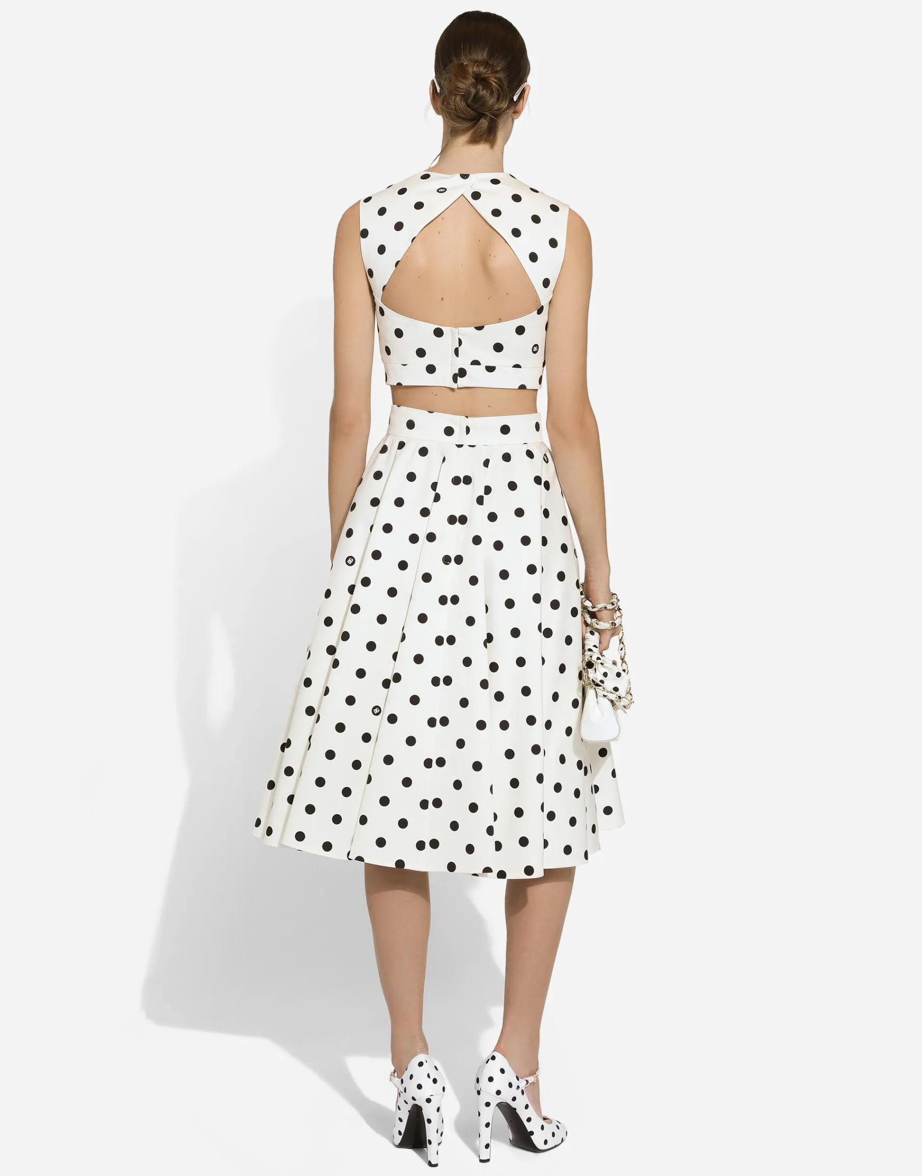 Cotton drill calf-length circle skirt with polka-dot print