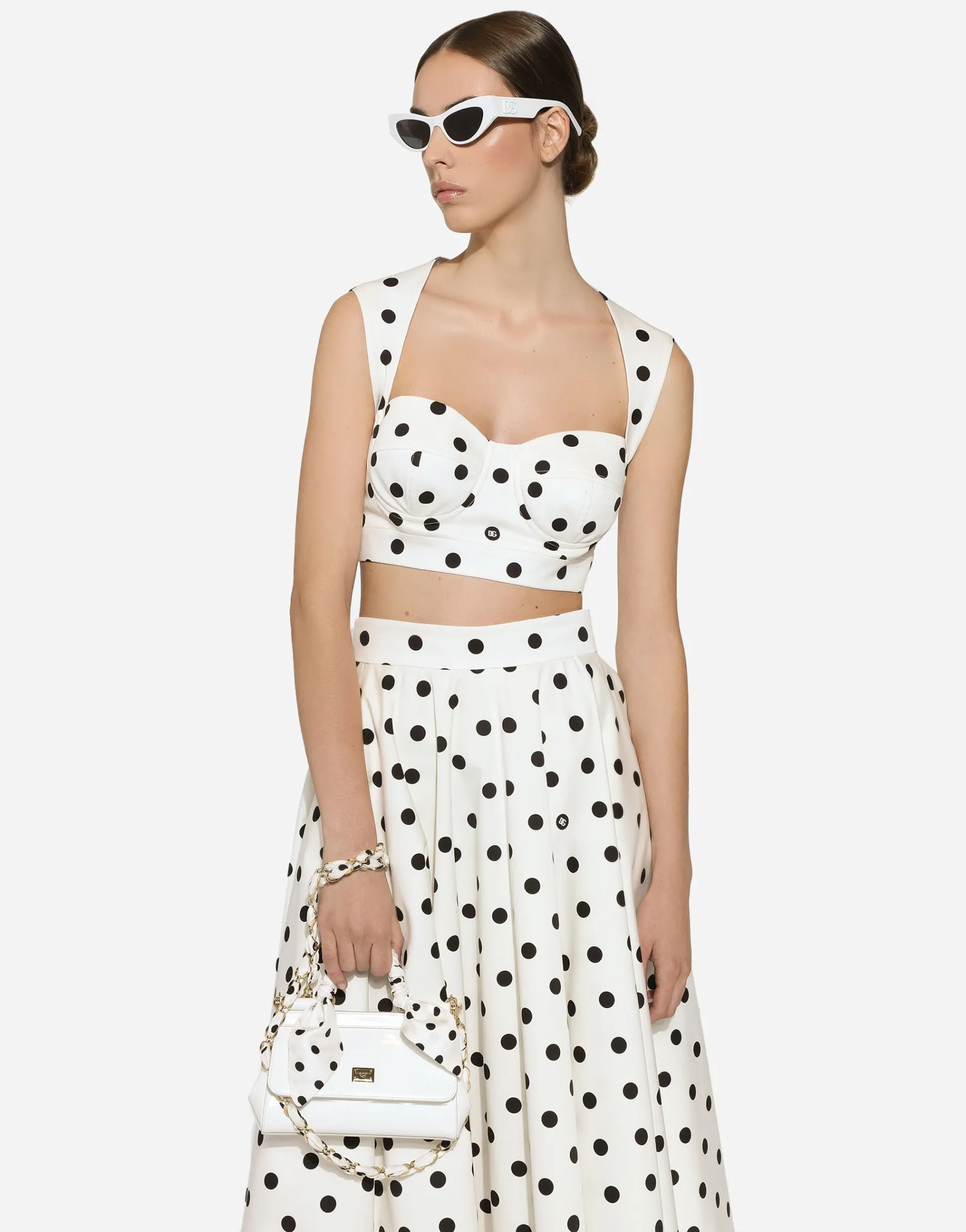 Cotton drill calf-length circle skirt with polka-dot print