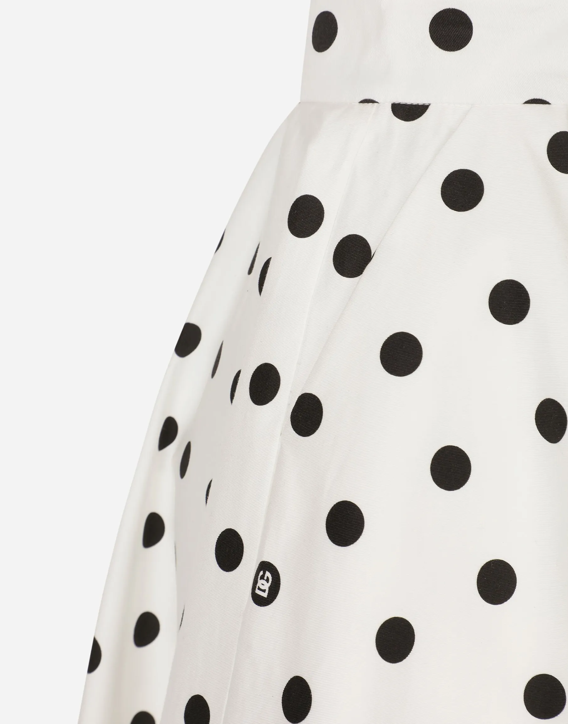 Cotton drill calf-length circle skirt with polka-dot print