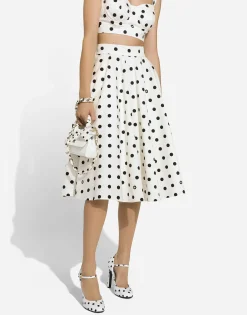 Cotton drill calf-length circle skirt with polka-dot print