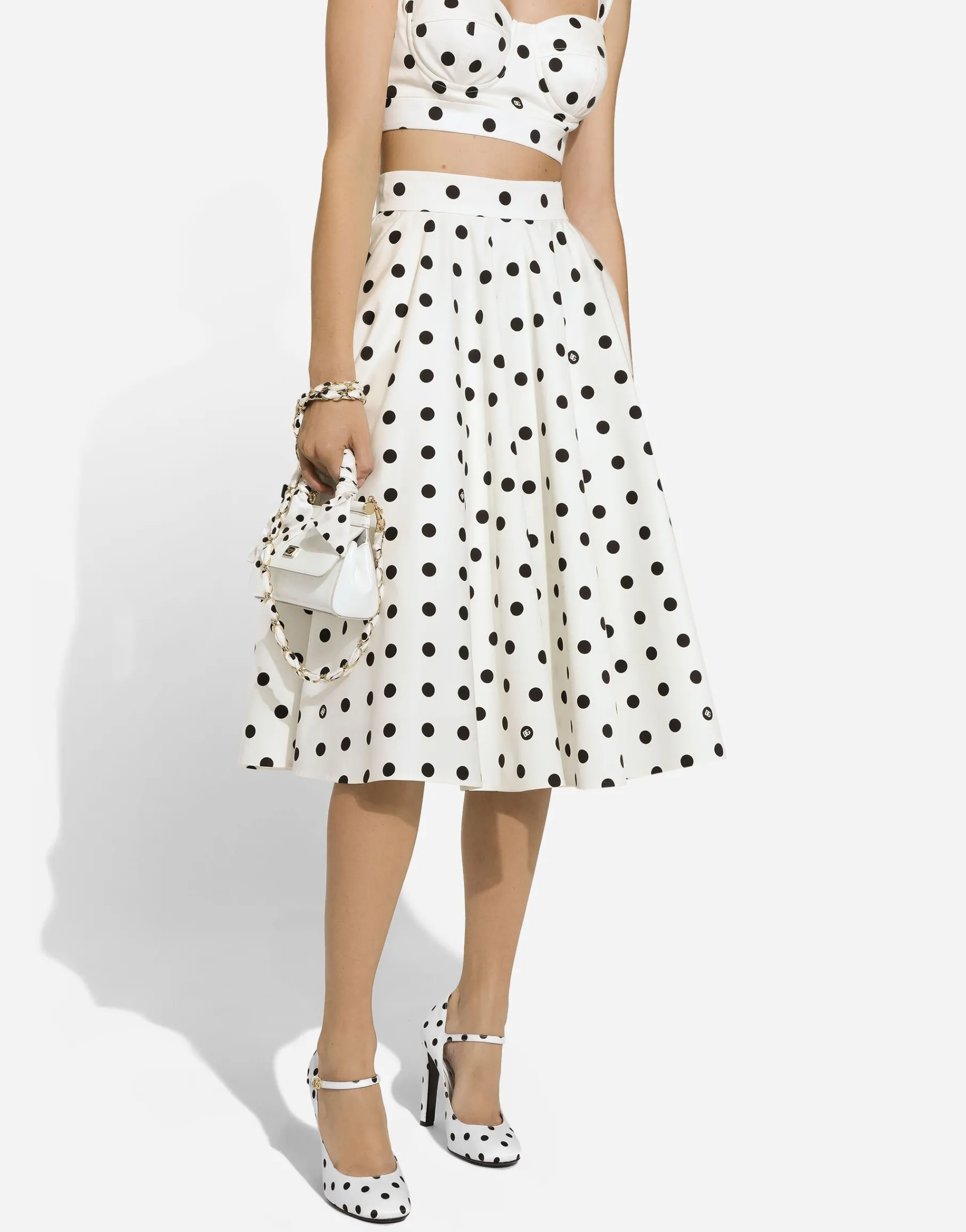 Cotton drill calf-length circle skirt with polka-dot print
