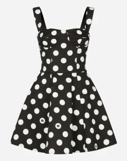 Cotton drill corset minidress with polka-dot print