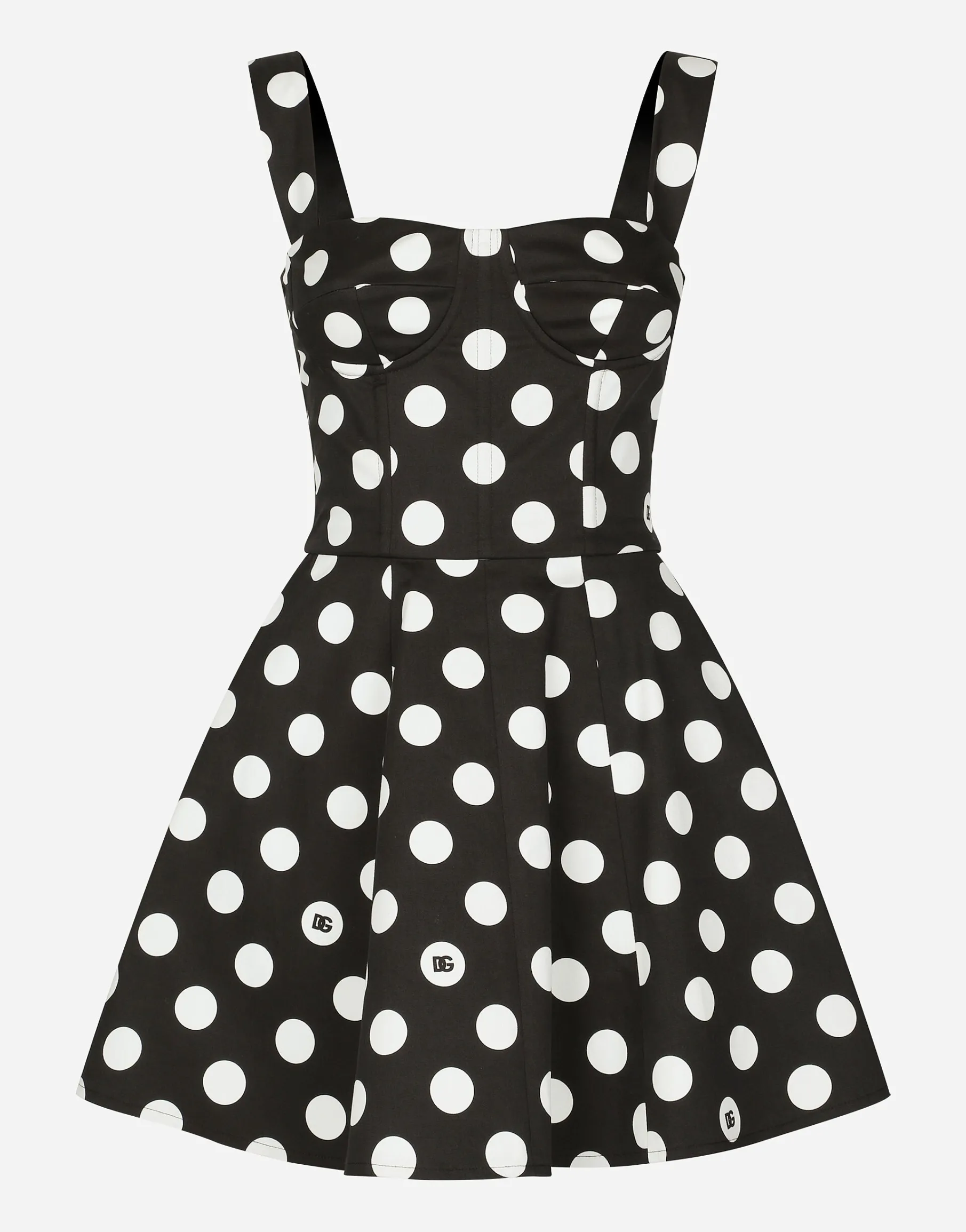 Cotton drill corset minidress with polka-dot print
