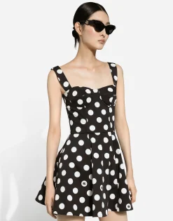 Cotton drill corset minidress with polka-dot print