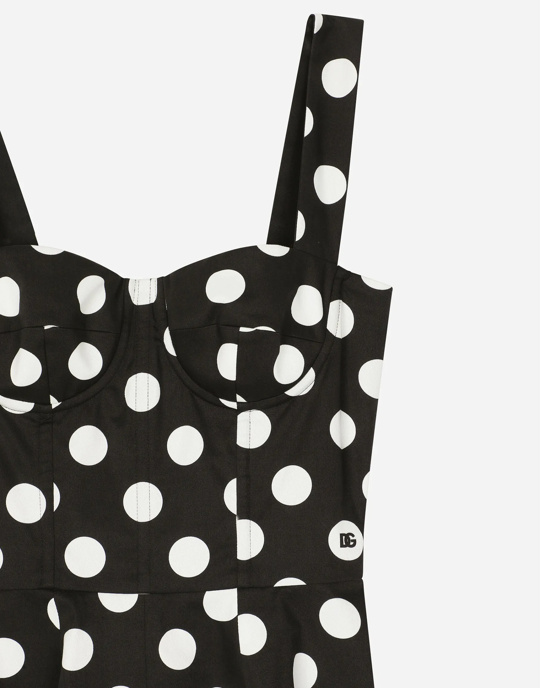 Cotton drill corset minidress with polka-dot print