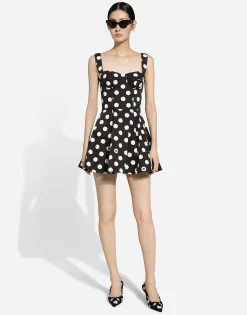 Cotton drill corset minidress with polka-dot print