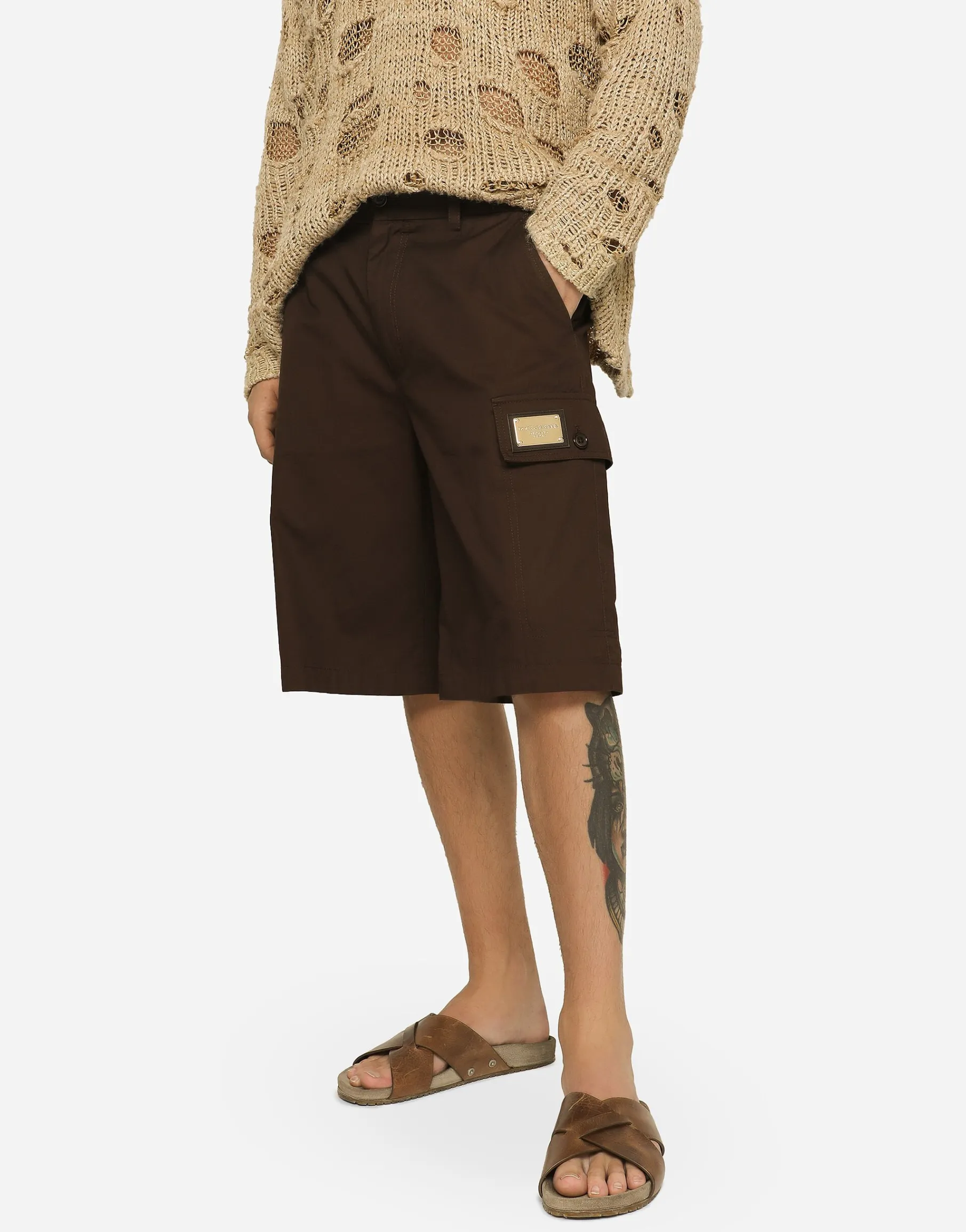 Cotton gabardine cargo Bermuda shorts with brand plate