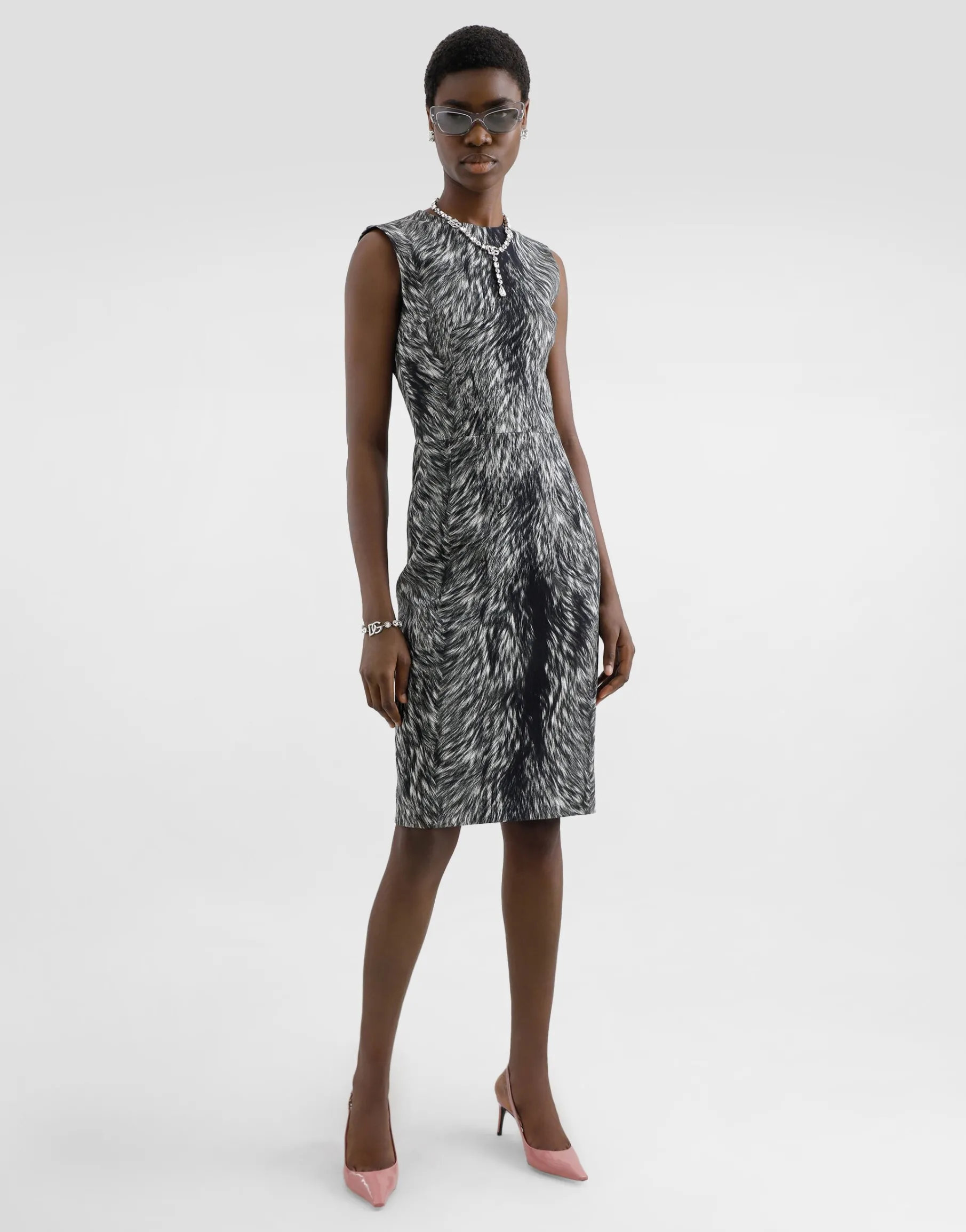 Cotton jacquard midi dress with fur print