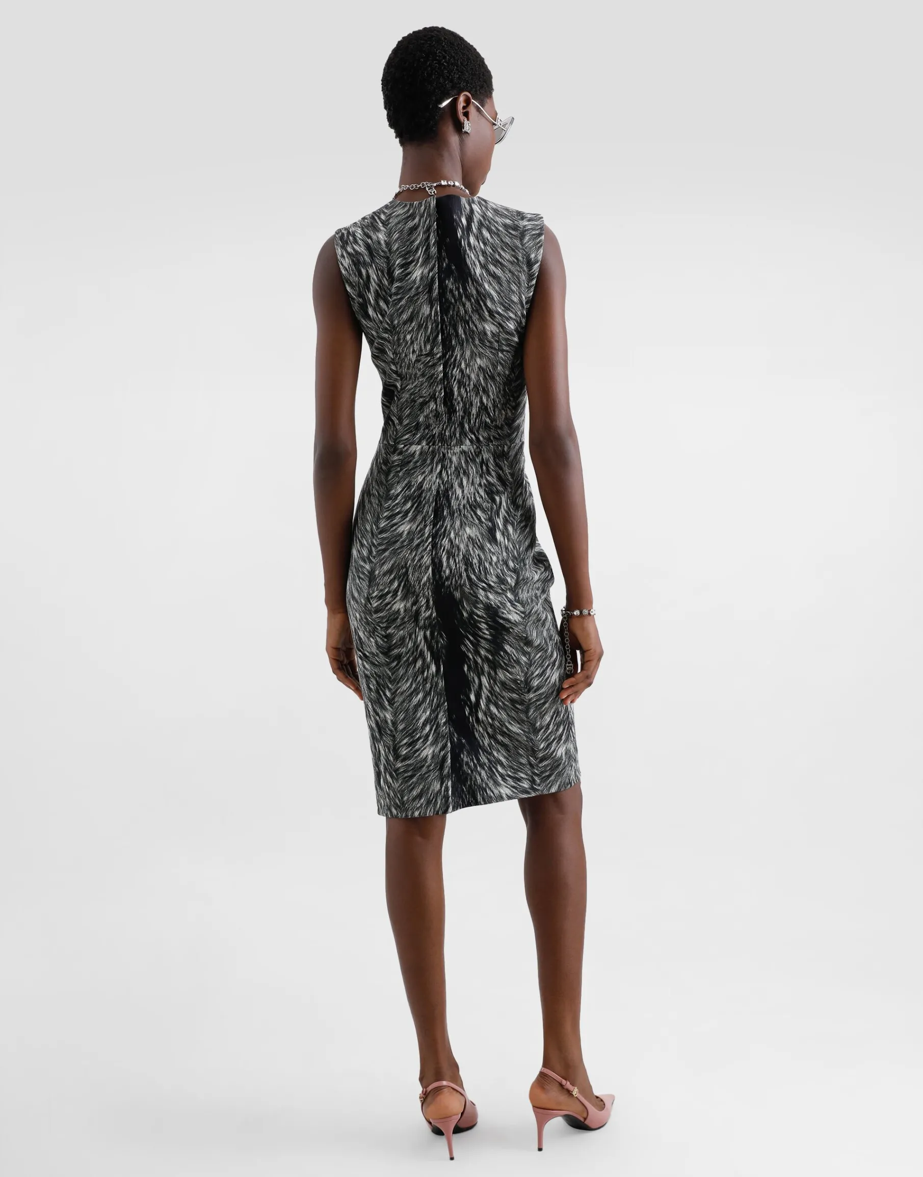 Cotton jacquard midi dress with fur print