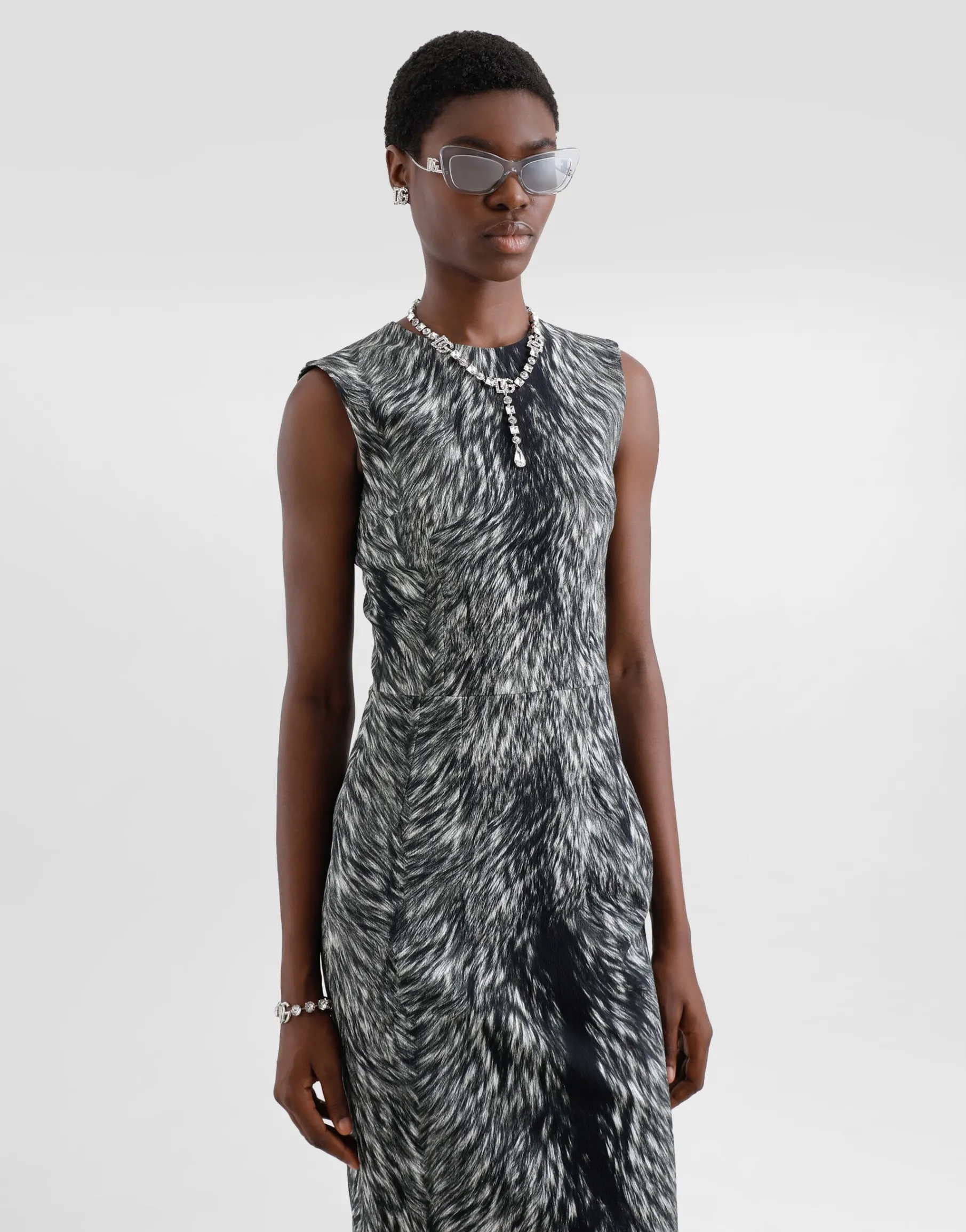 Cotton jacquard midi dress with fur print