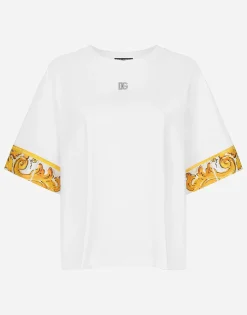 Cotton jersey T-shirt with majolica-print silk twill details