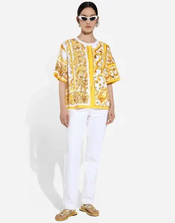 Cotton jersey T-shirt with majolica print
