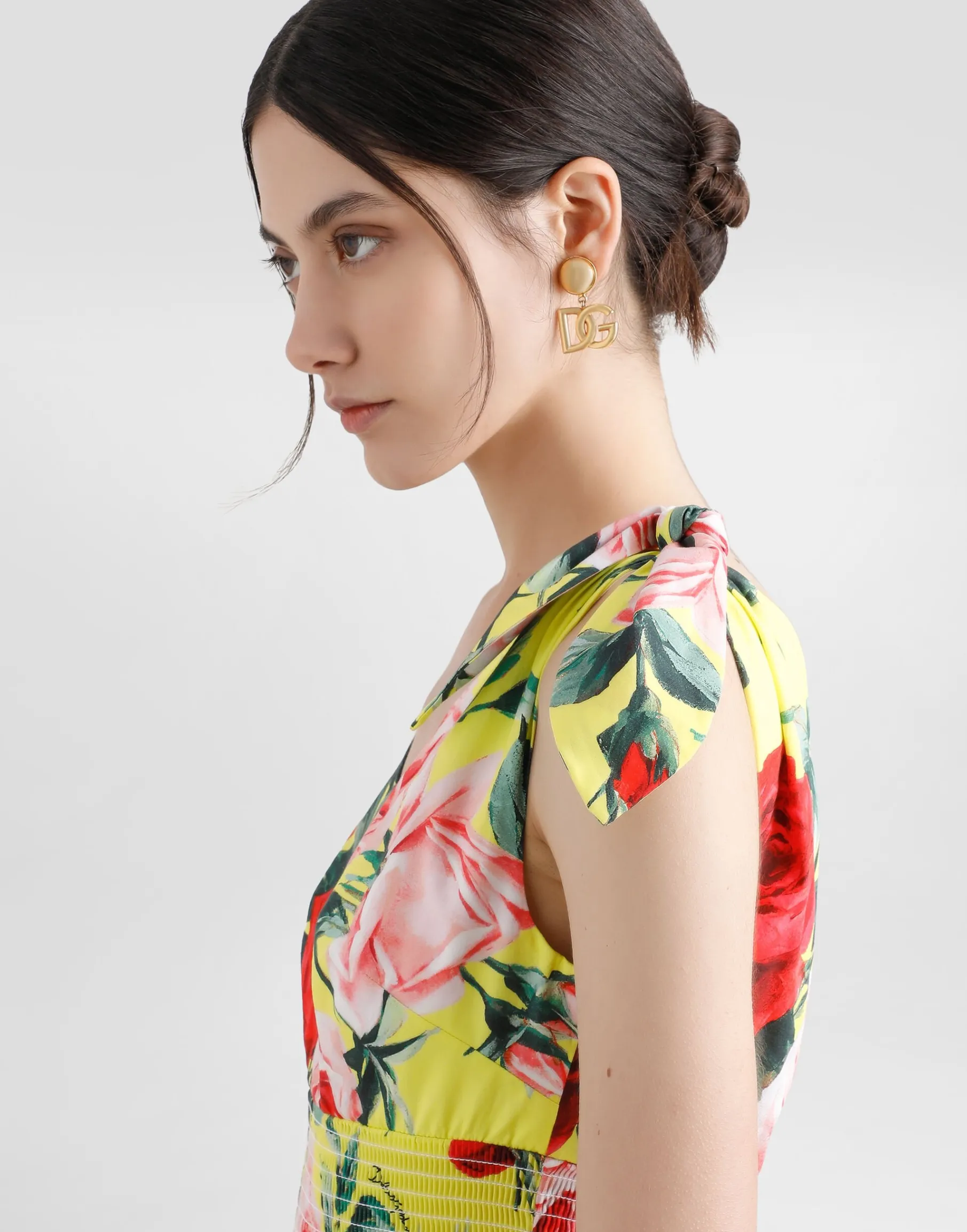 Cotton midi dress with bouquet print and tie details