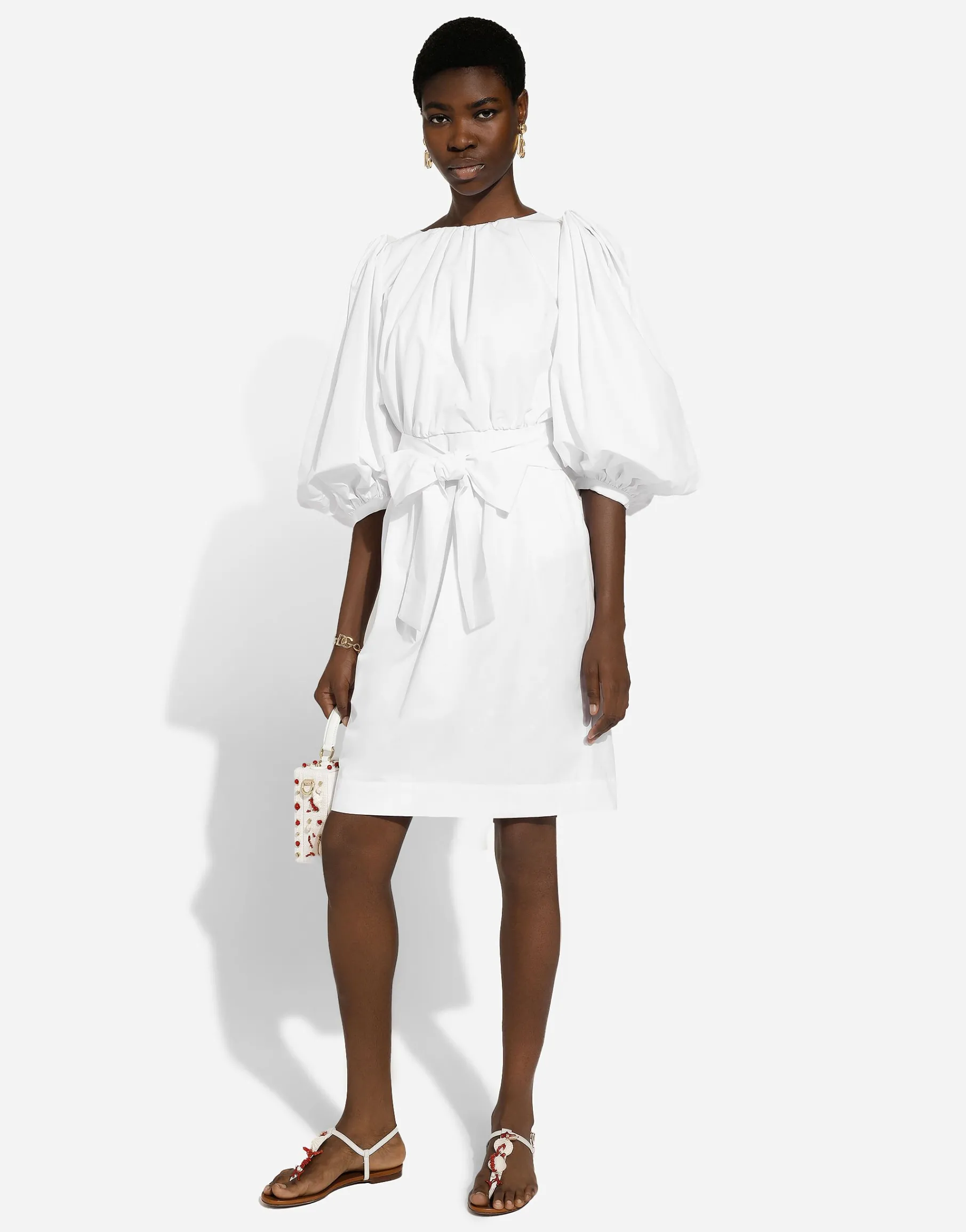 Cotton midi dress with puff sleeves