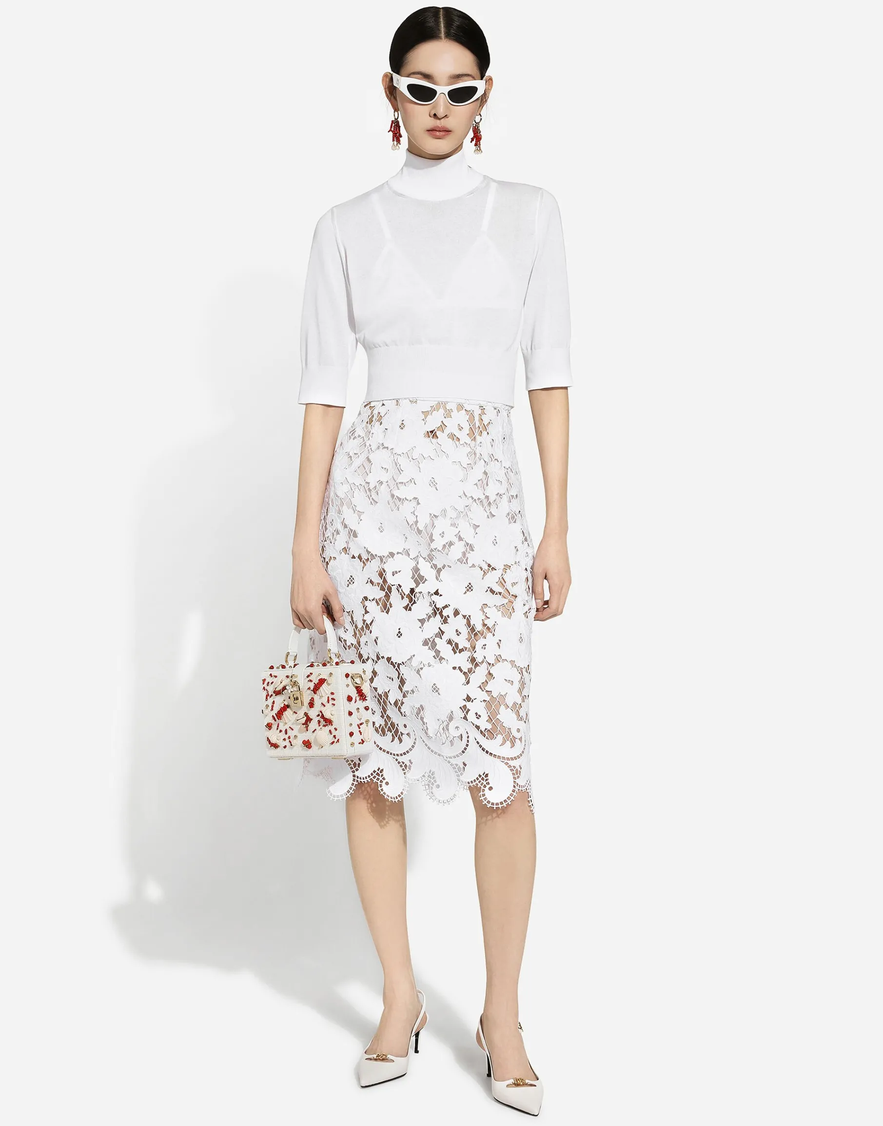 Cotton midi skirt with floral openwork detailing