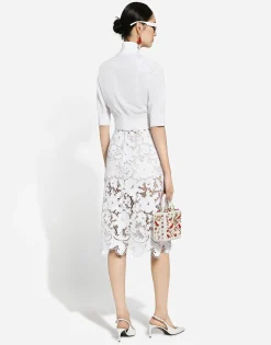 Cotton midi skirt with floral openwork detailing