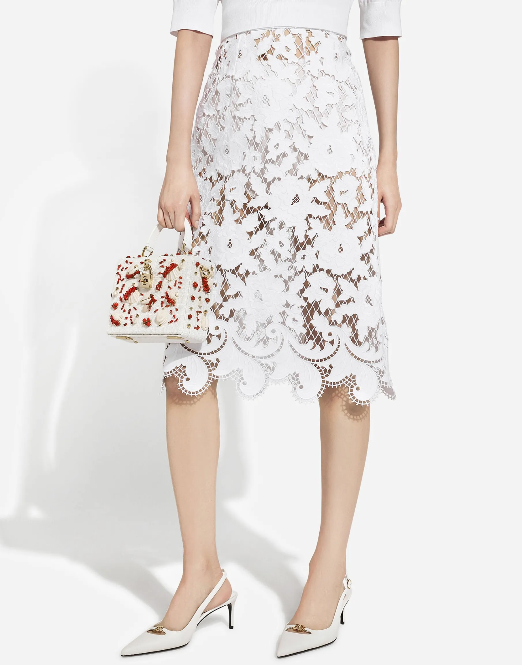 Cotton midi skirt with floral openwork detailing