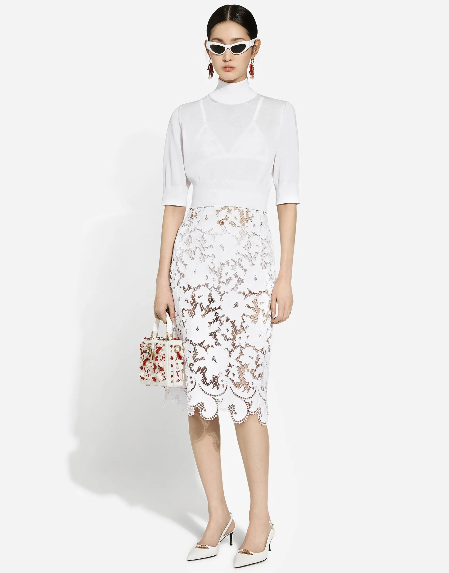 Cotton midi skirt with floral openwork detailing