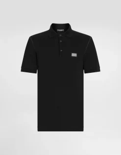 Cotton piqué polo-shirt with branded tag