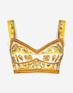 Cotton poplin corset crop top with majolica print