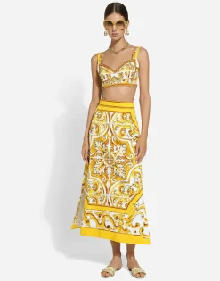 Cotton poplin corset crop top with majolica print