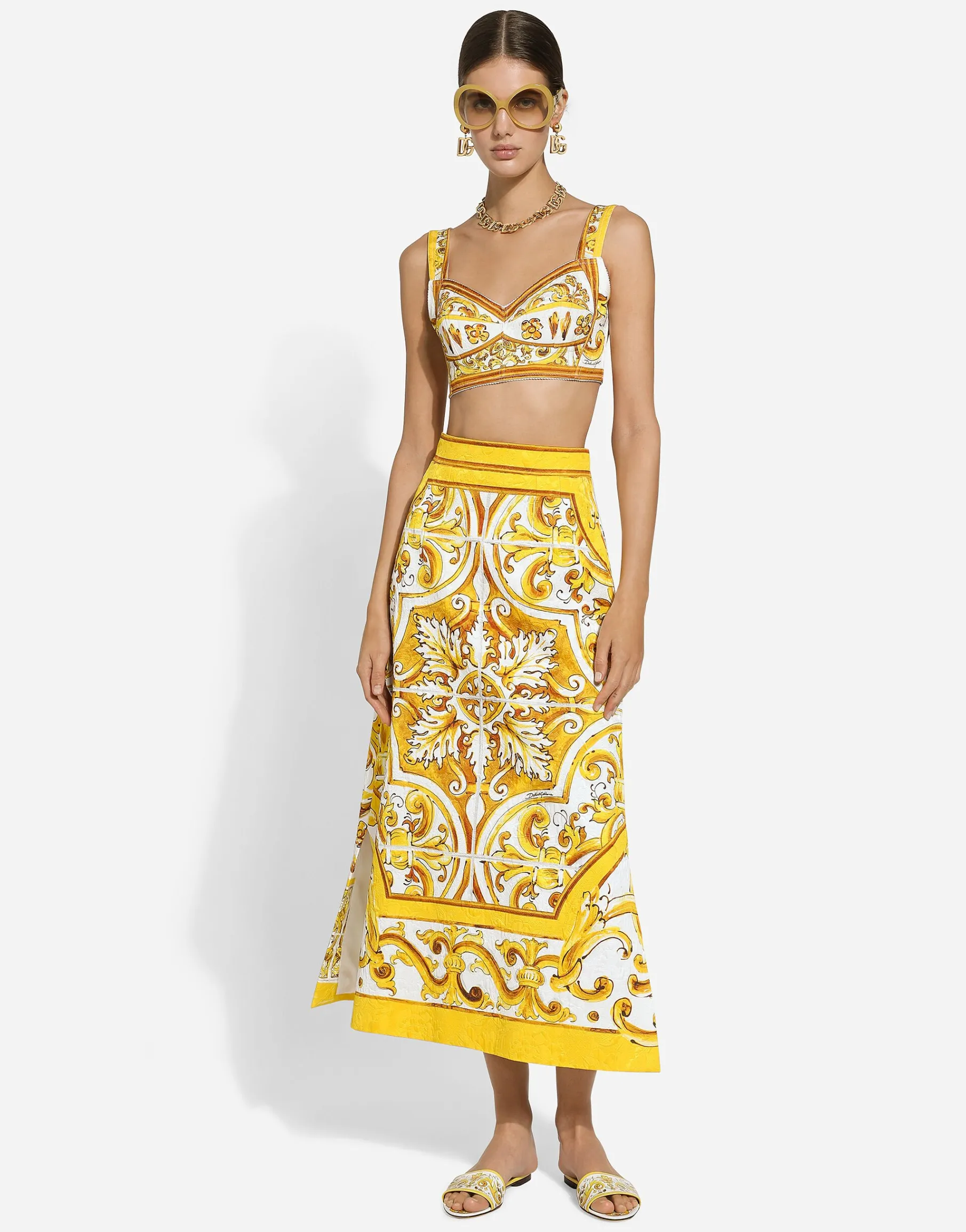 Cotton poplin corset crop top with majolica print