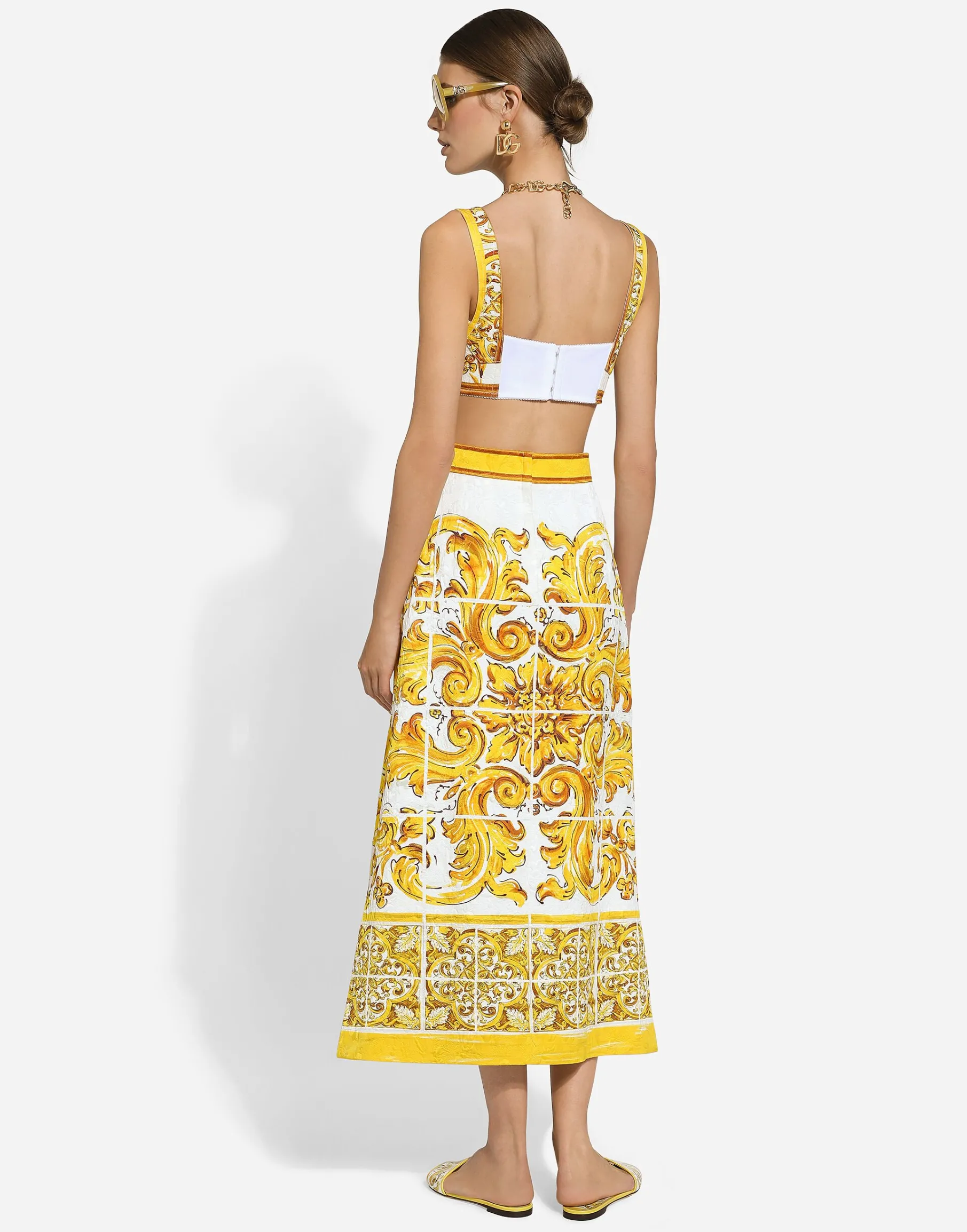 Cotton poplin corset crop top with majolica print
